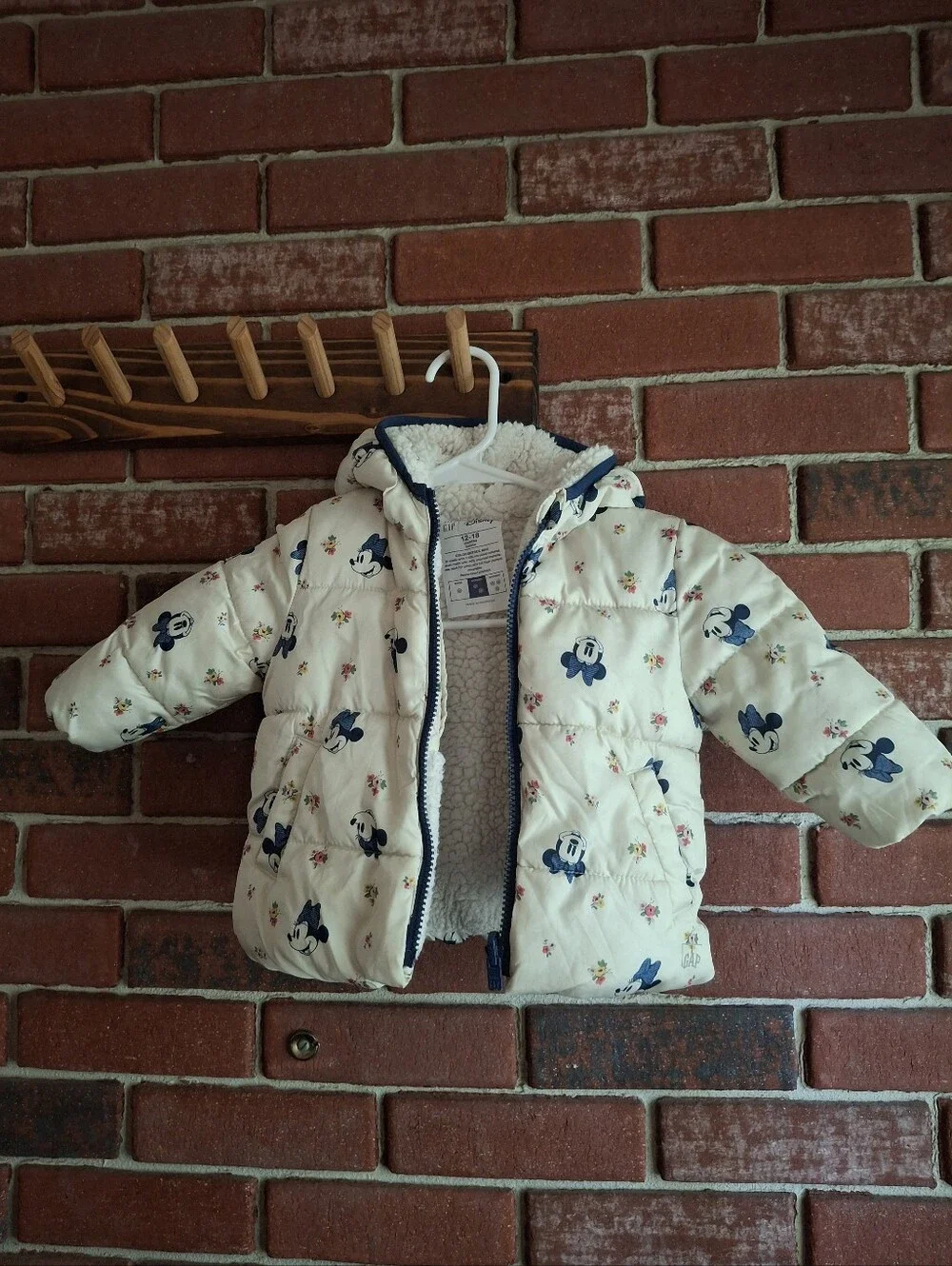 GAP Cream Hooded Puffer Jacket with Navy Mickey Print